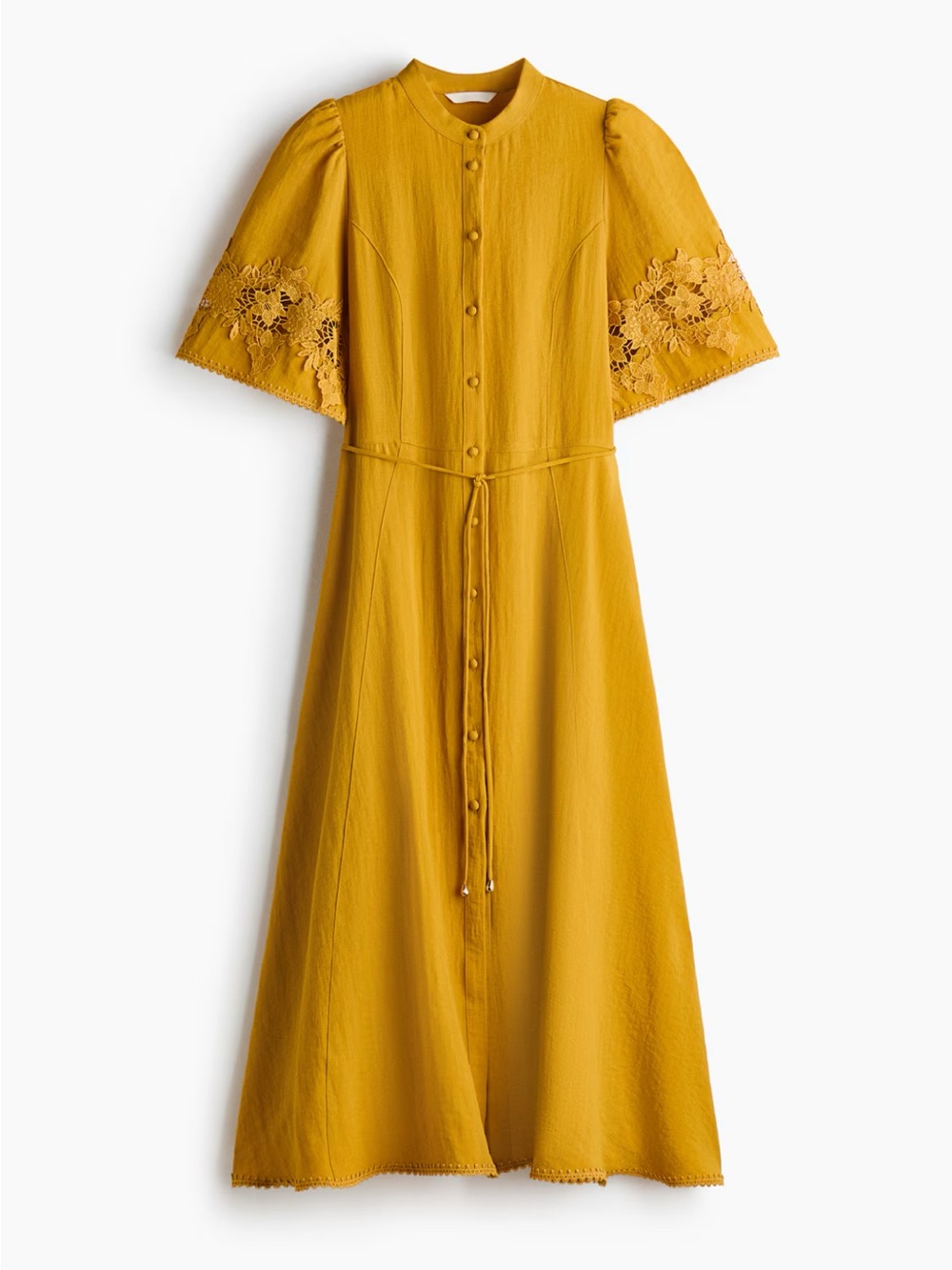 H&M Crinkled Midi Dress with Eyelet Embroidery Golden Yellow NWT - Picture 1 of 6